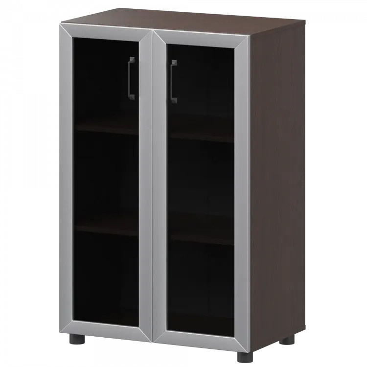 Стеллаж средний закрытый со стеклянными фасадами в алюминиевой раме К-933,К-945,КФ-945 Дуб венге 720x420x1215 Приоритет