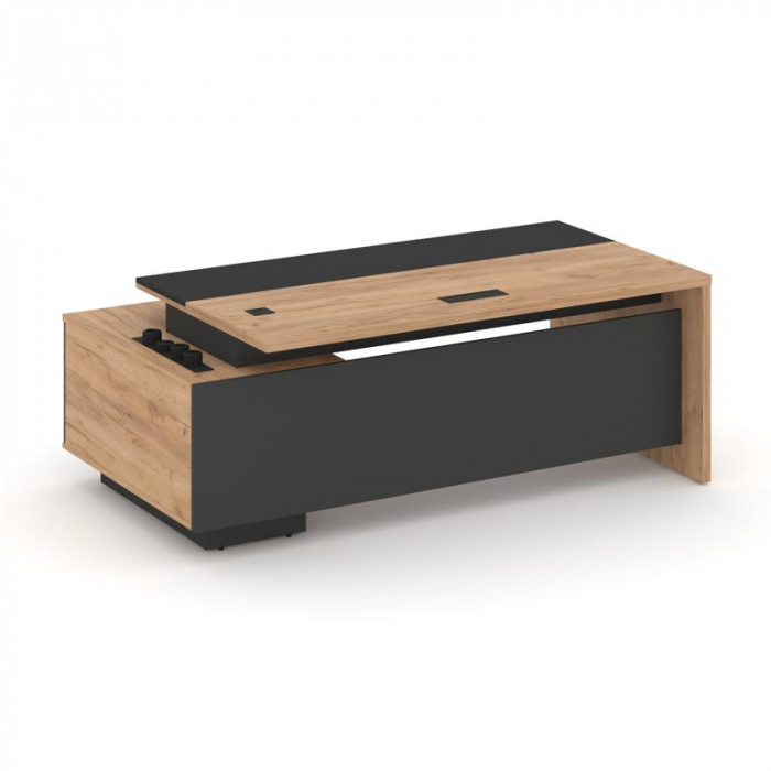 Дюкс Стол с мал. опор. тумбой R с электриф. DX.SRT.EM-200 (R) Дуб Сицилийский/Базальт/Черный Мат.Гл.